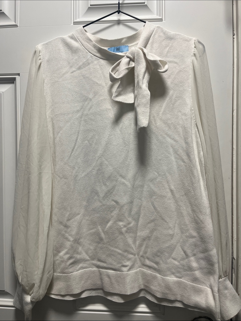 CeCe Cream Tie-Neck Sweater with Sheer Long Sleeves
